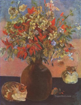 猫のある静物画 ポール・ゴーギャンの花 Oil Paintings
